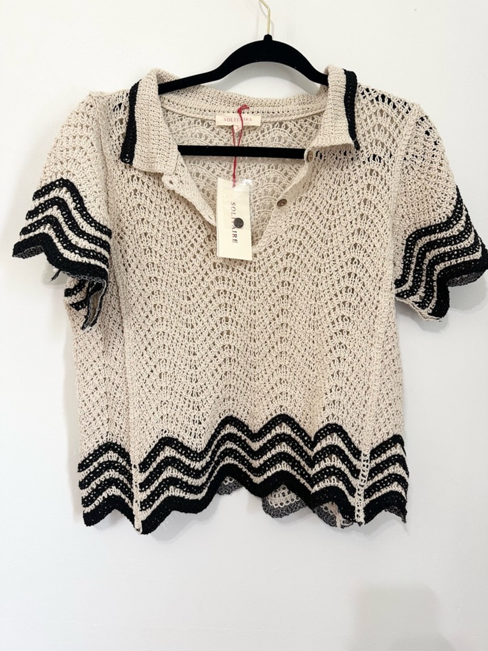 Solitaire open knit crochet summer beach collared blouse size large NWT